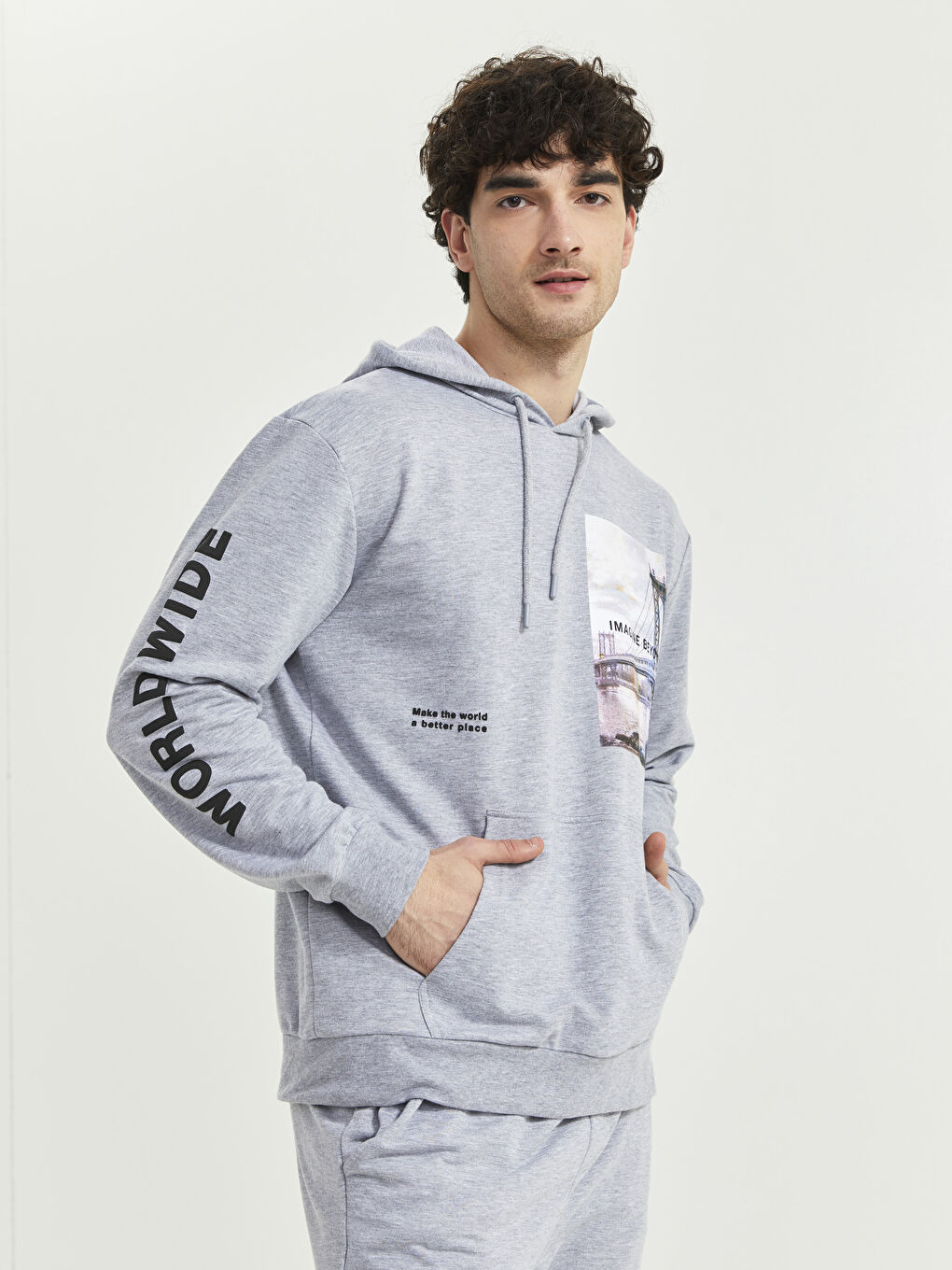 Gri Oversize Uzun Kollu Baskılı Erkek Hoodie-1