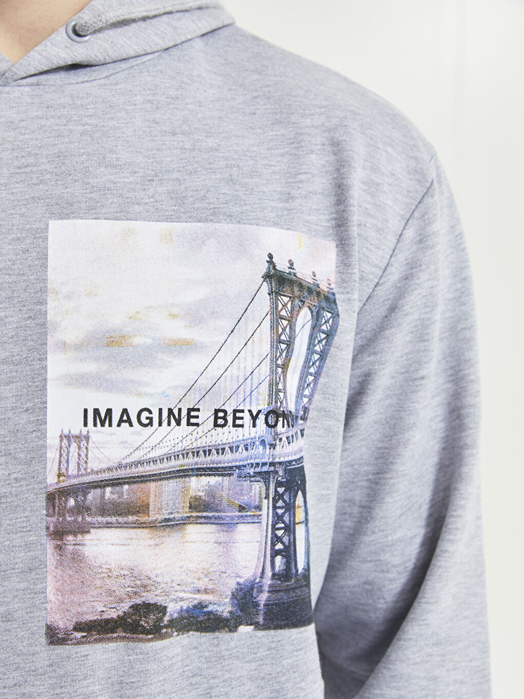 Gri Oversize Uzun Kollu Baskılı Erkek Hoodie-3