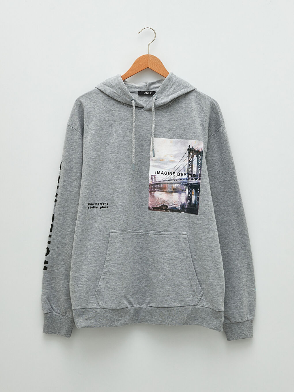 Gri Oversize Uzun Kollu Baskılı Erkek Hoodie-5