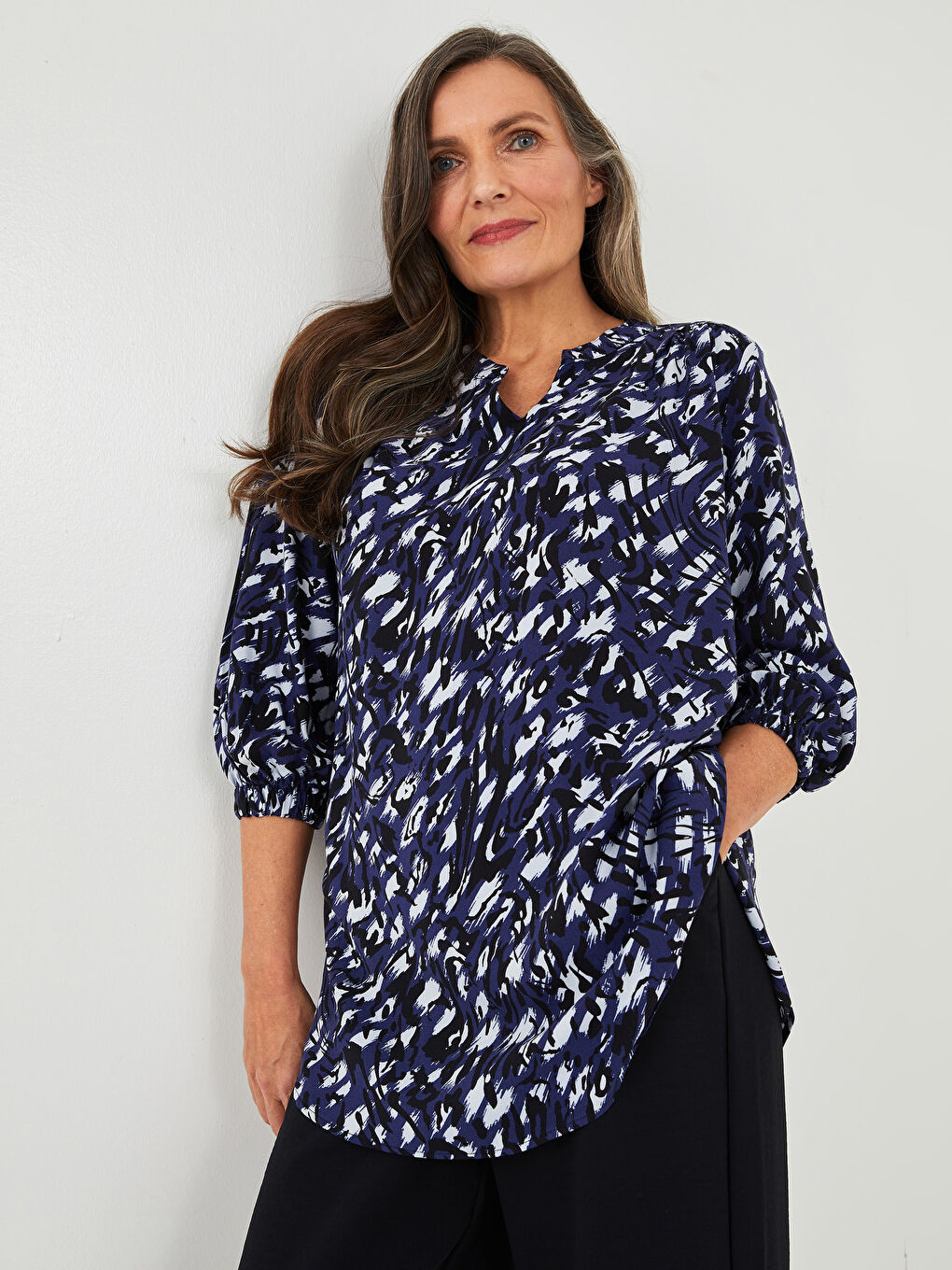 Henley Neckline Patterned Poplin Women's Blouse