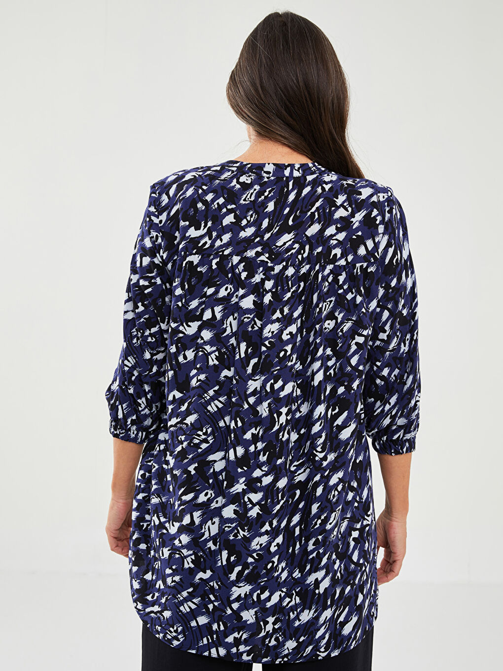 Henley Neckline Patterned Poplin Women's Blouse-4