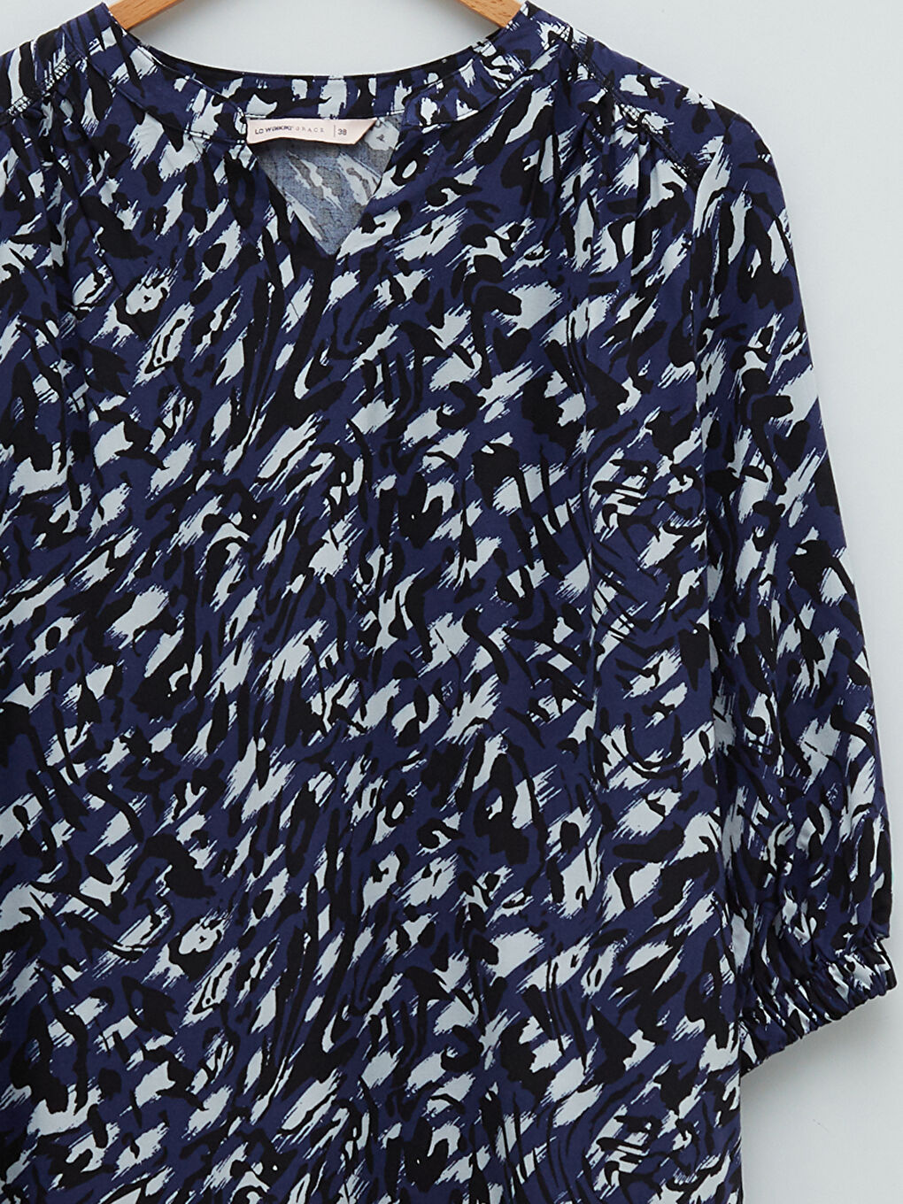 Henley Neckline Patterned Poplin Women's Blouse-7