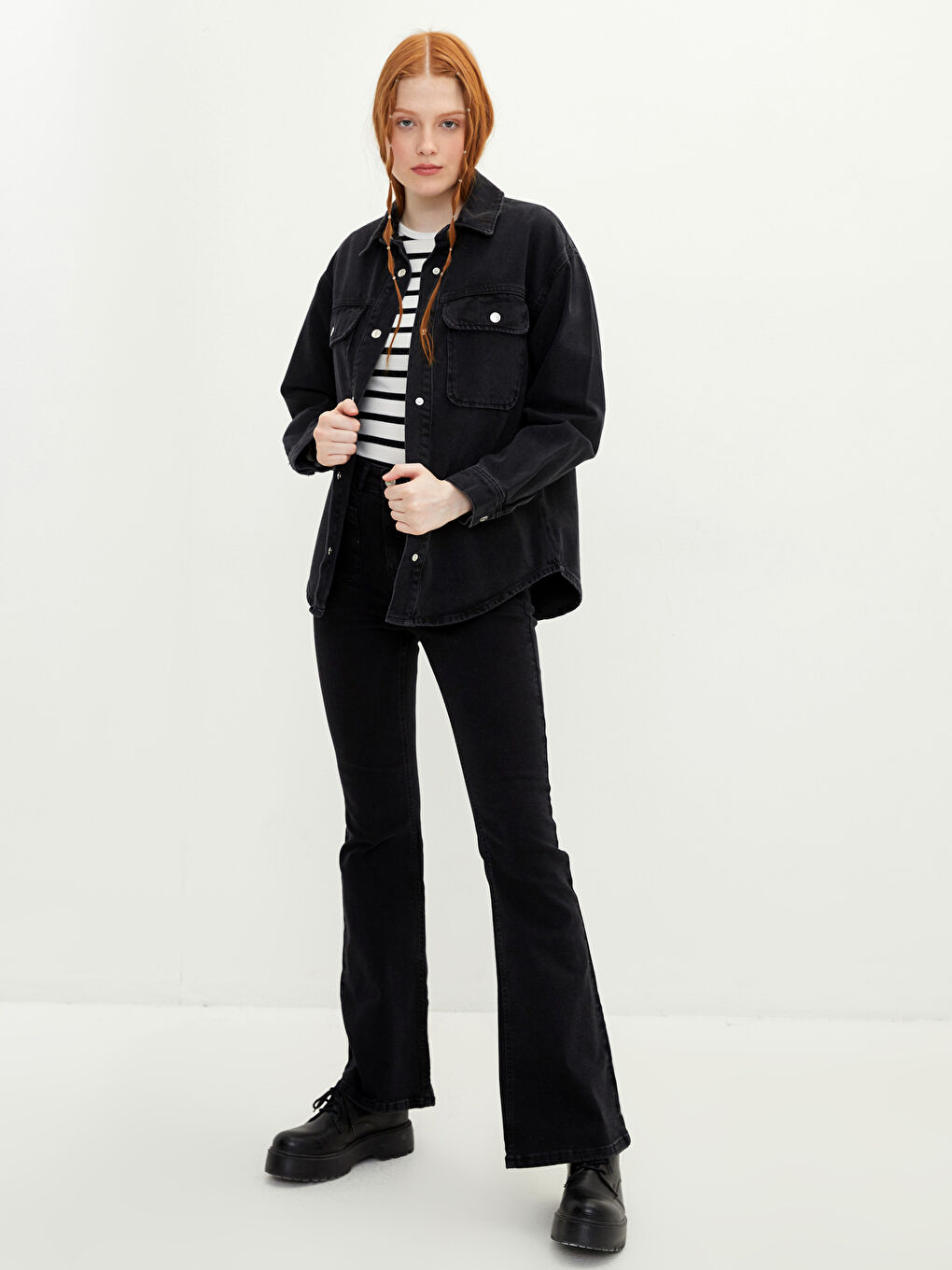 Siyah Önden Düğme Kapamalı Düz Uzun Kollu Kadın Rodeo Jean Gömlek Ceket-7
