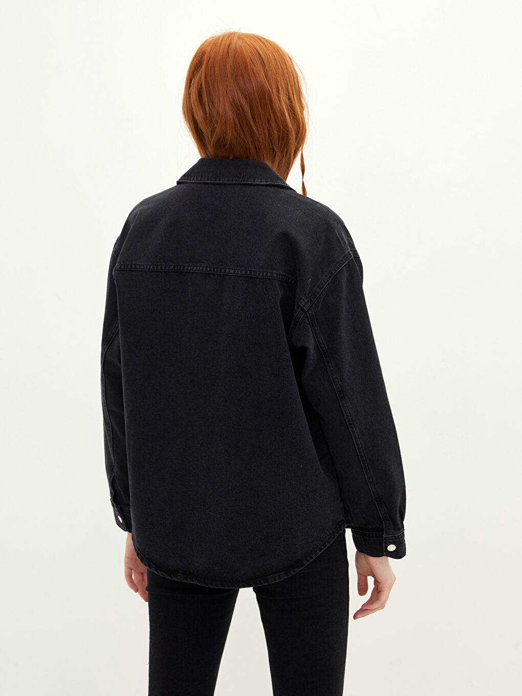 Siyah Önden Düğme Kapamalı Düz Uzun Kollu Kadın Rodeo Jean Gömlek Ceket-9
