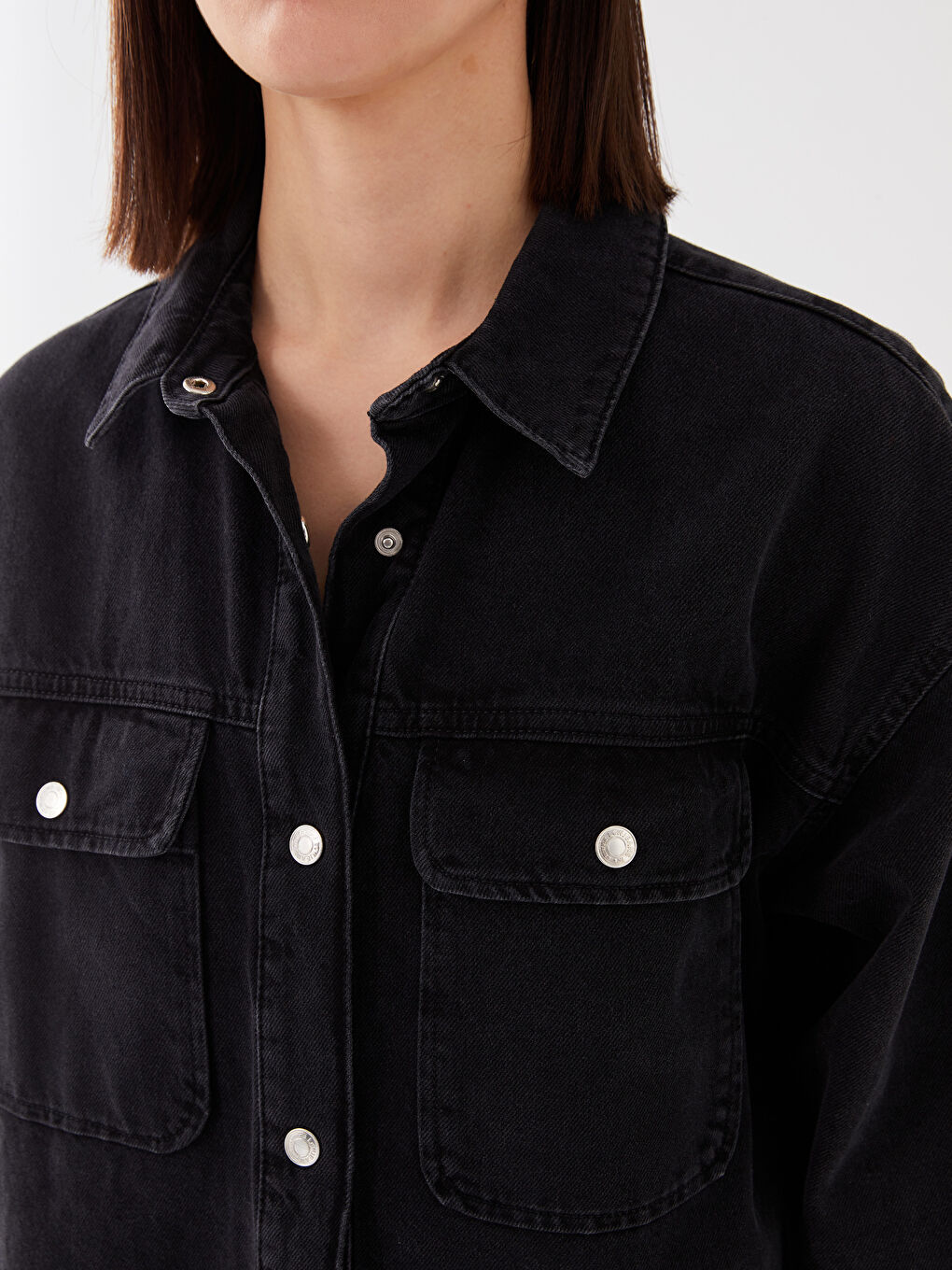 Siyah Önden Düğme Kapamalı Düz Uzun Kollu Kadın Rodeo Jean Gömlek Ceket-6