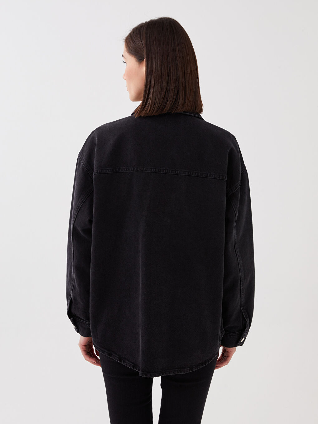 Siyah Önden Düğme Kapamalı Düz Uzun Kollu Kadın Rodeo Jean Gömlek Ceket-8