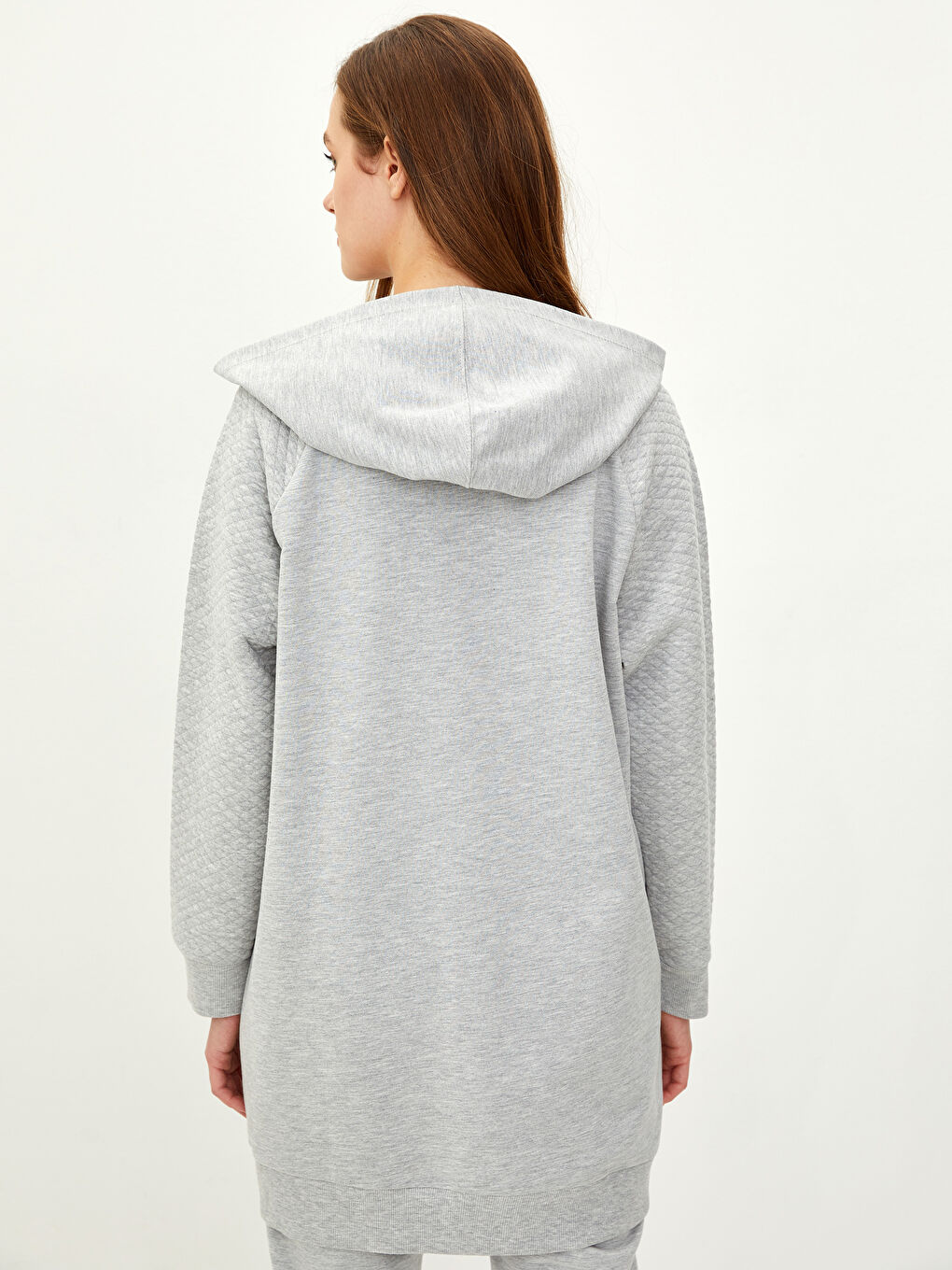 Gri Kapüşonlu Kapitoneli Uzun Kollu Kadın Spor Hırka-4