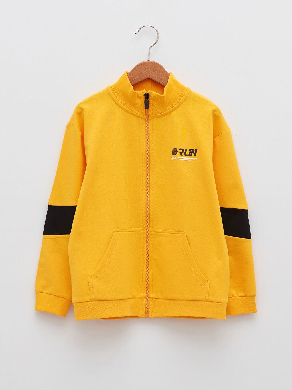 Sarı Dik Yaka Baskılı Uzun Kollu Erkek Çocuk Fermuarlı Sweatshirt