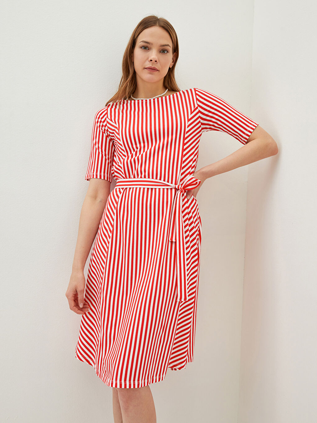 Kırmızı Bisiklet Yaka Çizgili Kısa Kollu Pamuklu Kadın Elbise