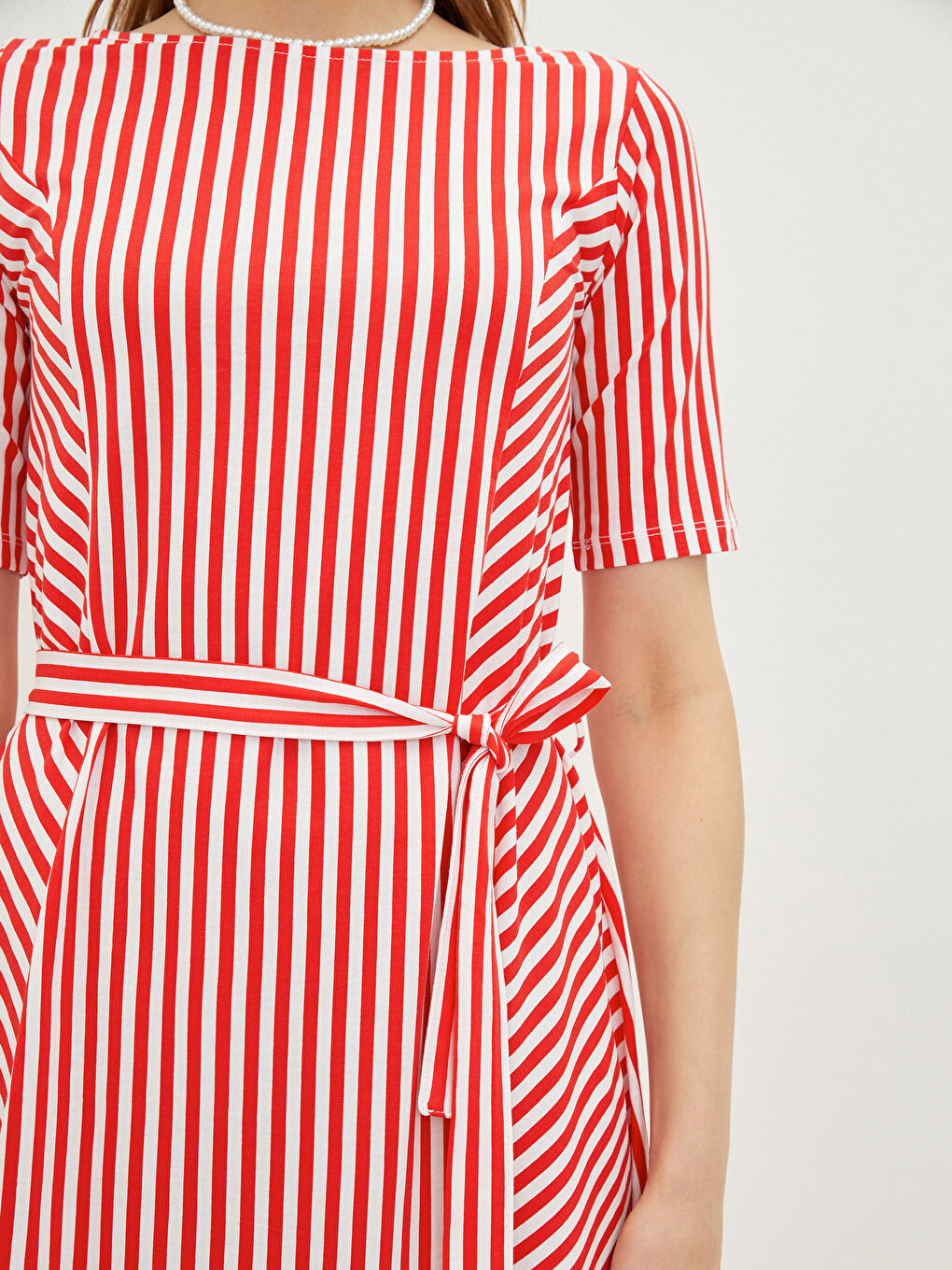 Kırmızı Bisiklet Yaka Çizgili Kısa Kollu Pamuklu Kadın Elbise-1