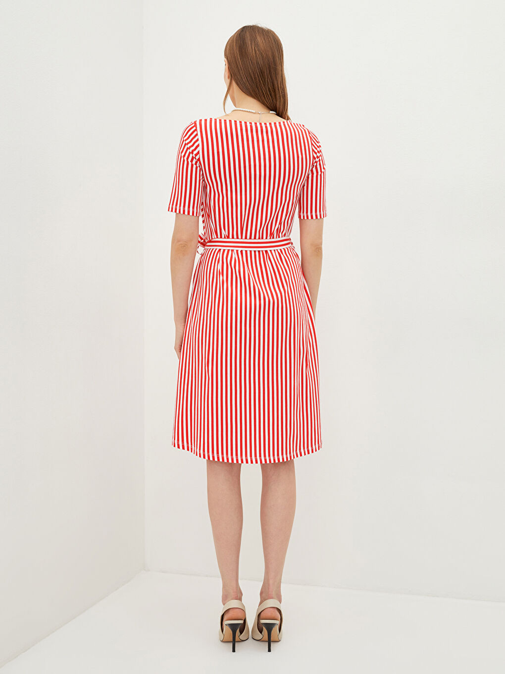 Kırmızı Bisiklet Yaka Çizgili Kısa Kollu Pamuklu Kadın Elbise-2