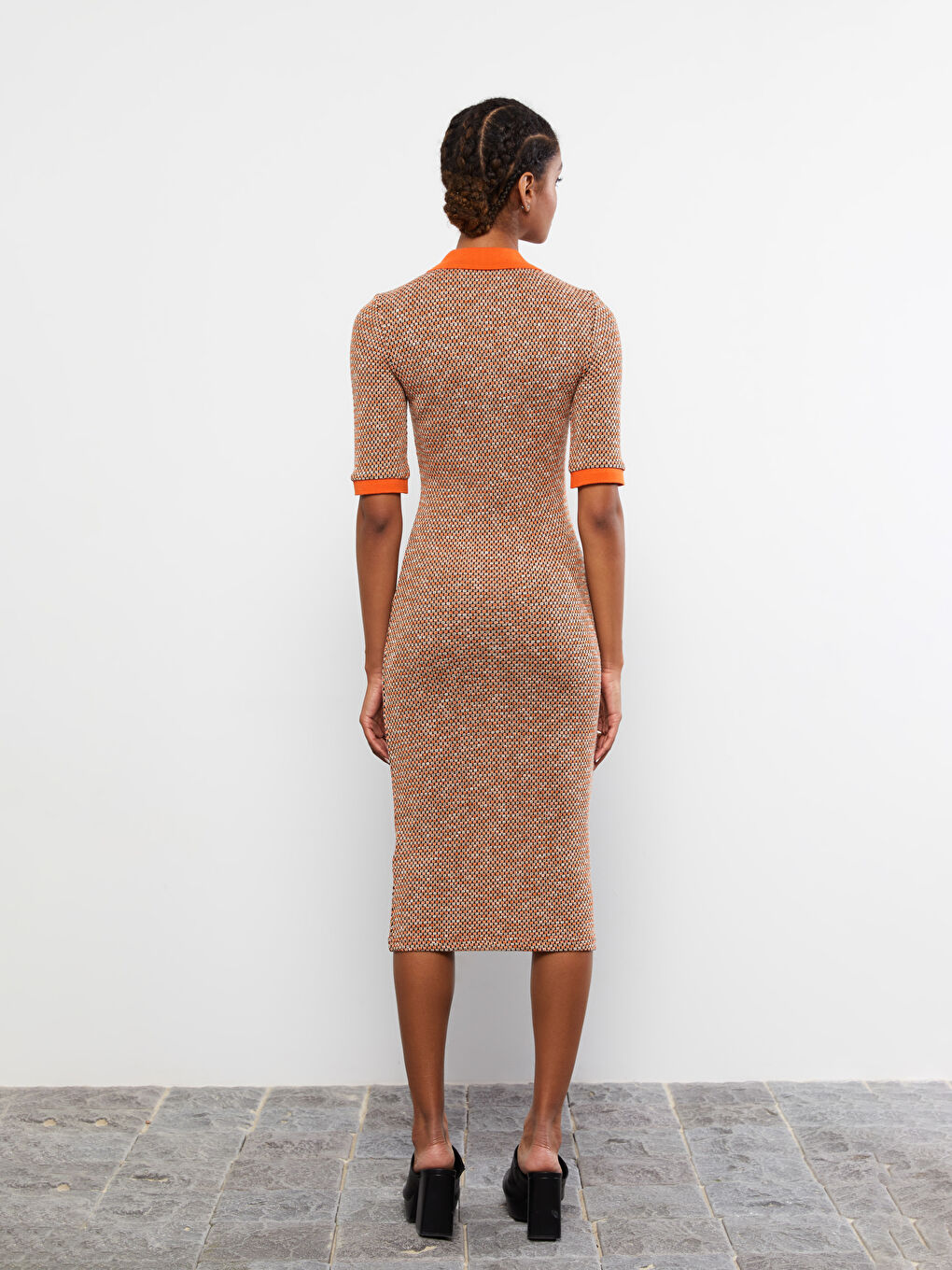 Turuncu Gömlek Yaka Kısa Kollu Kadın Bodycon Elbise-4