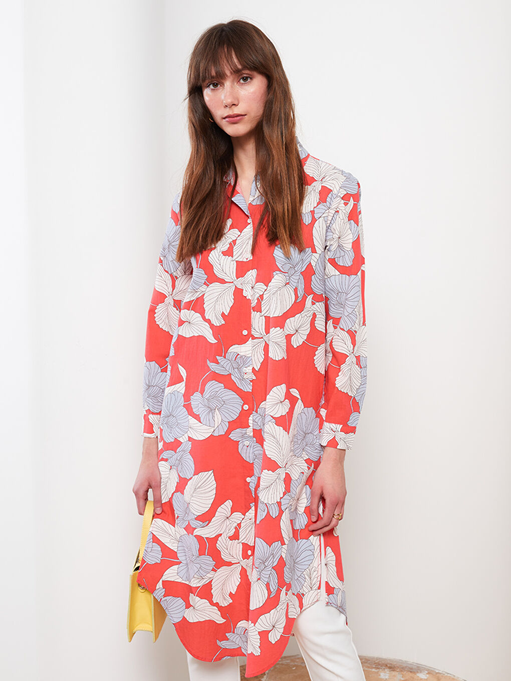 Mercan Desenli Poplin Kadın Gömlek Tunik