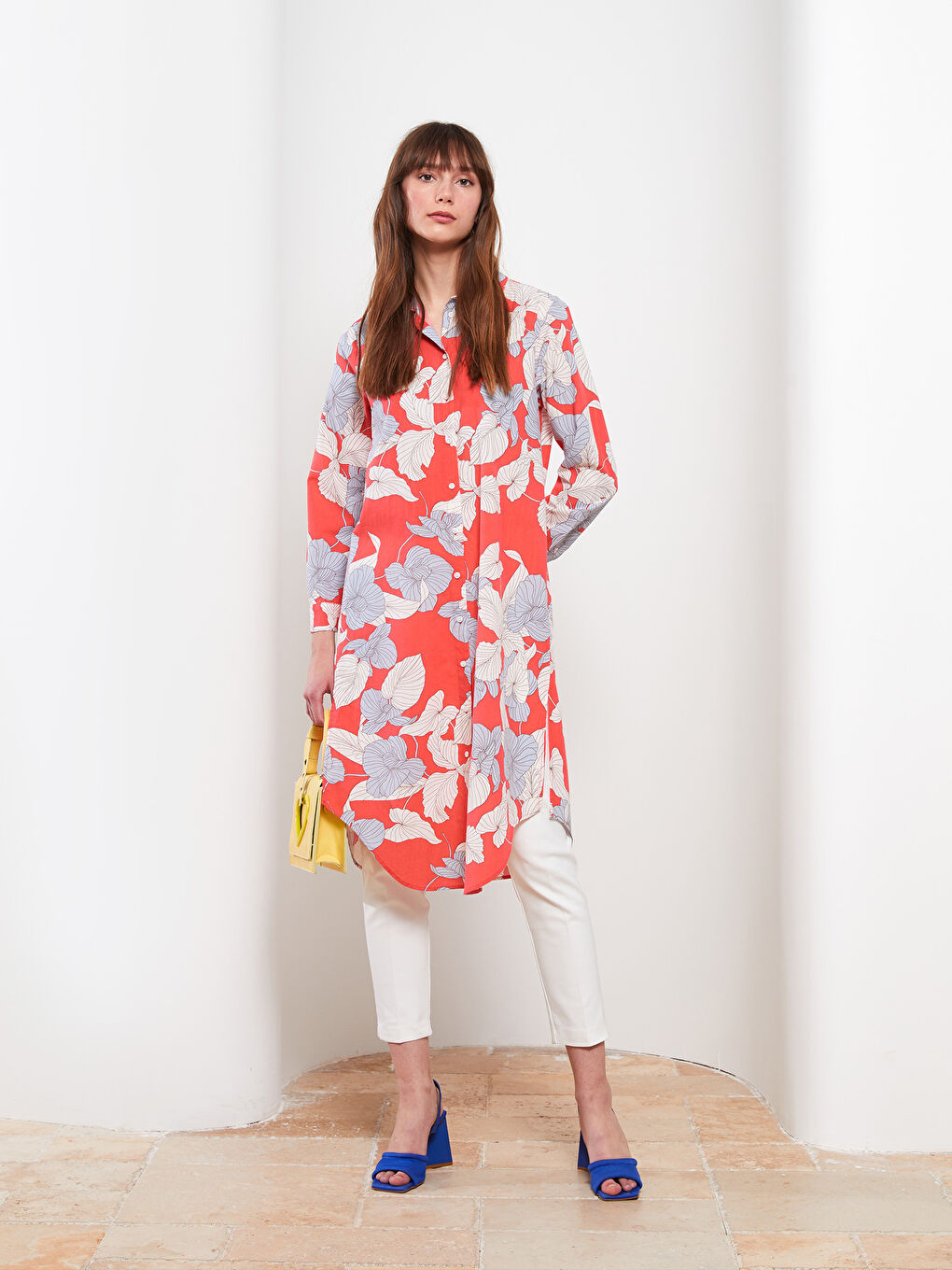 Mercan Desenli Poplin Kadın Gömlek Tunik-2