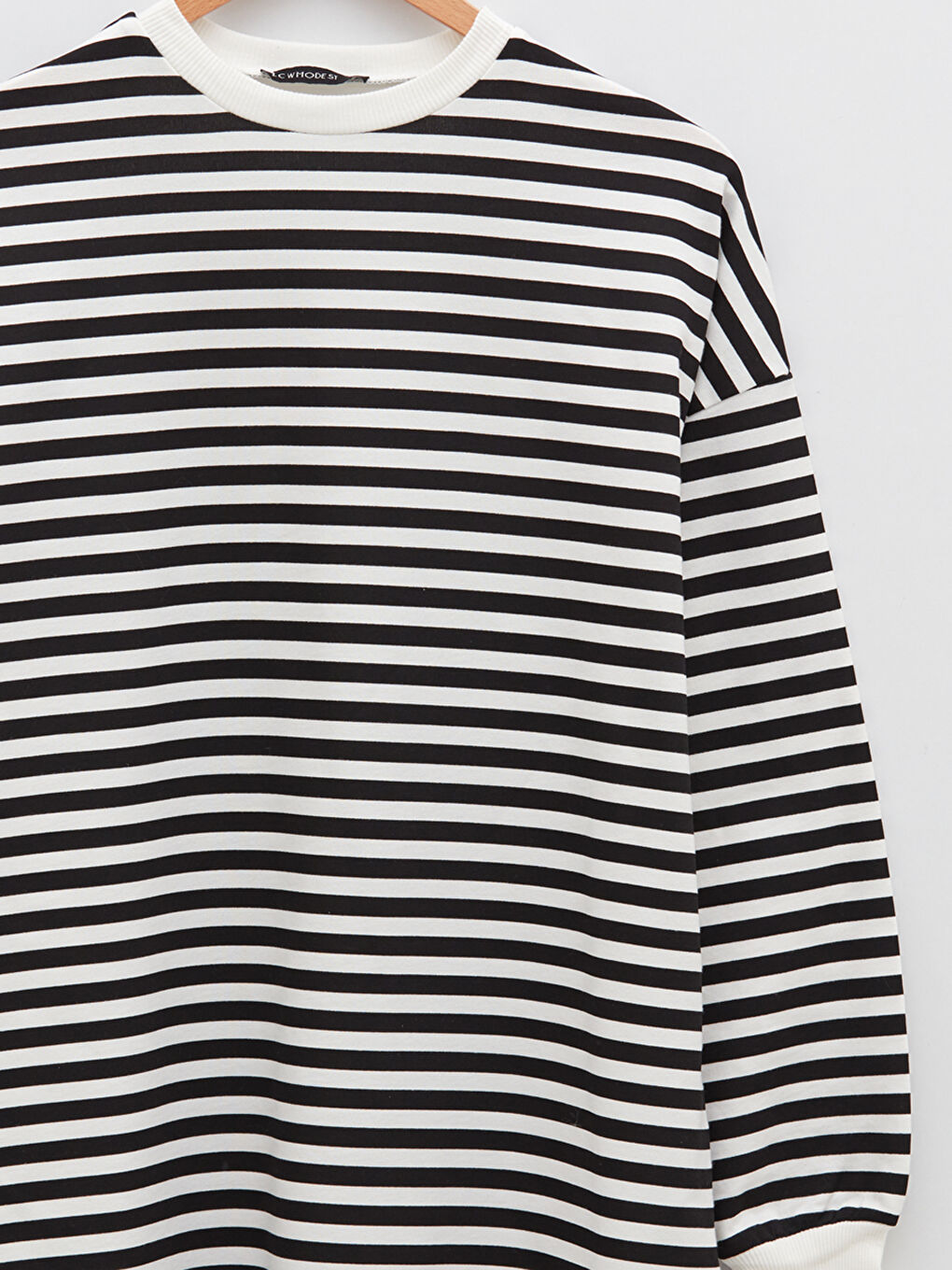 Siyah Bisiklet Yaka Çizgili Uzun Kollu Oversize Pamuklu Kadın Sweatshirt Tunik-8