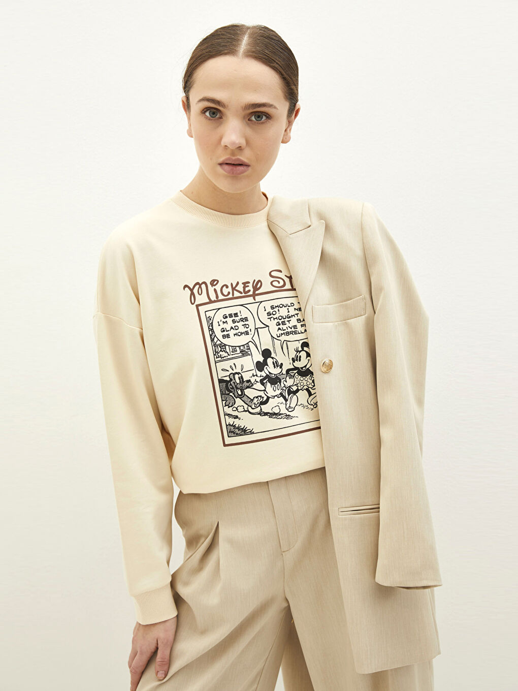 Свитшот-туника с круглым вырезом, принтом Микки Мауса, длинным рукавом, оверсайз для женщин