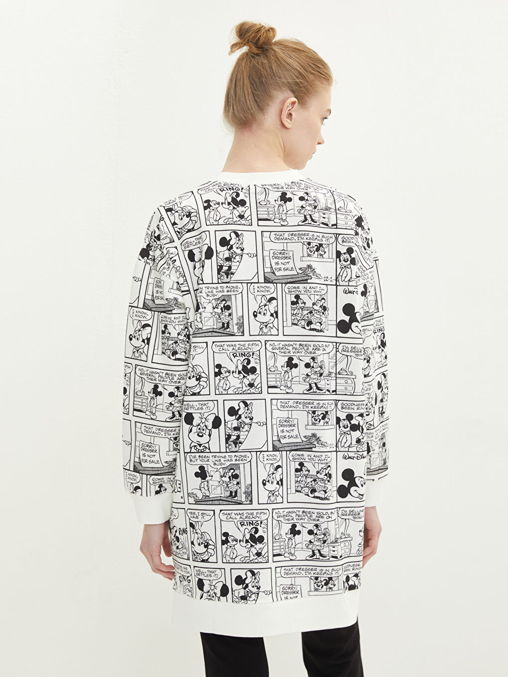 Siyah Bisiklet Yaka Mickey Mouse Baskılı Uzun Kollu Oversize Kadın Sweatshirt Tunik-4