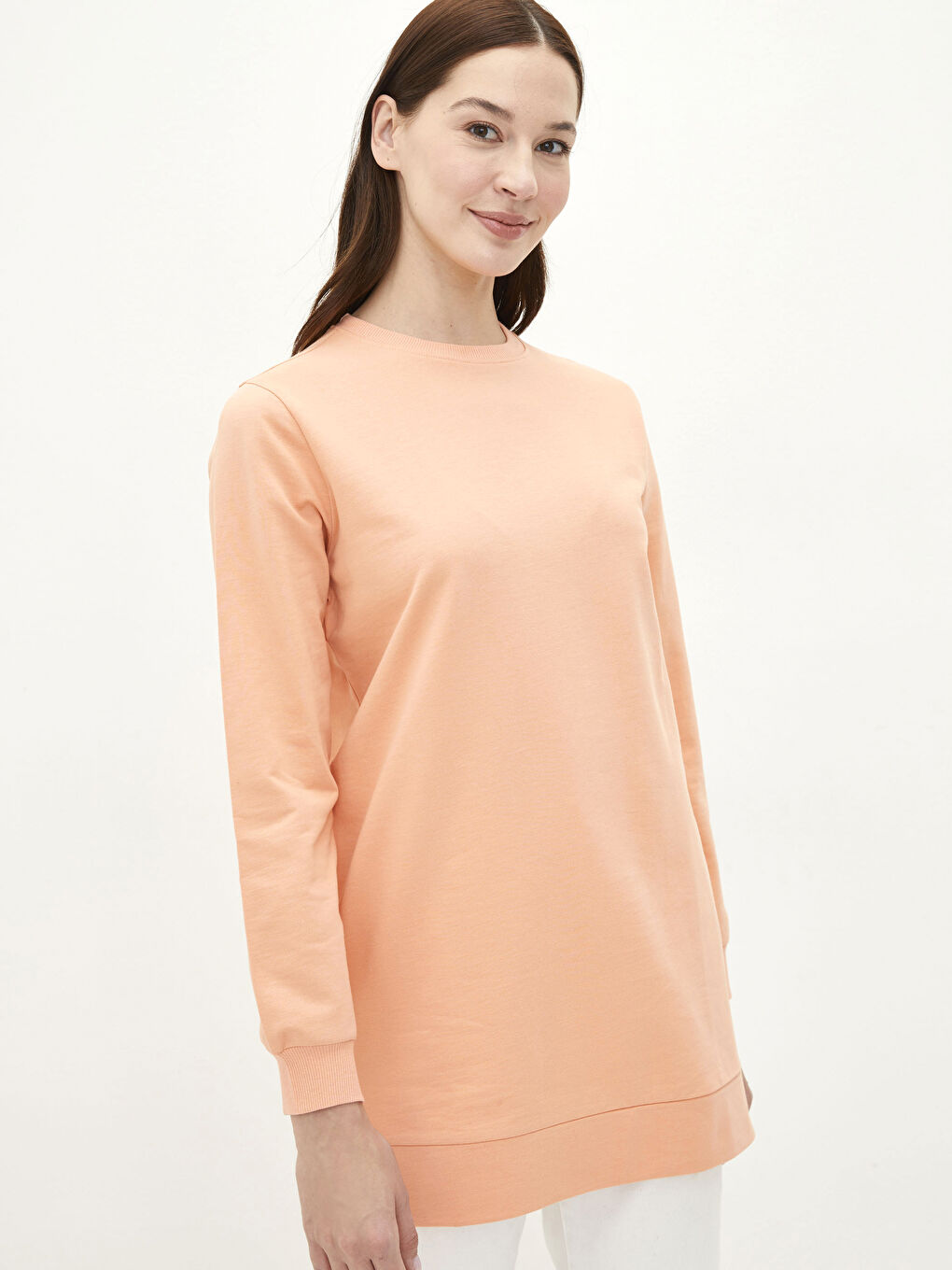 Turuncu Bisiklet Yaka Düz Oversize Kadın Sweatshirt Tunik