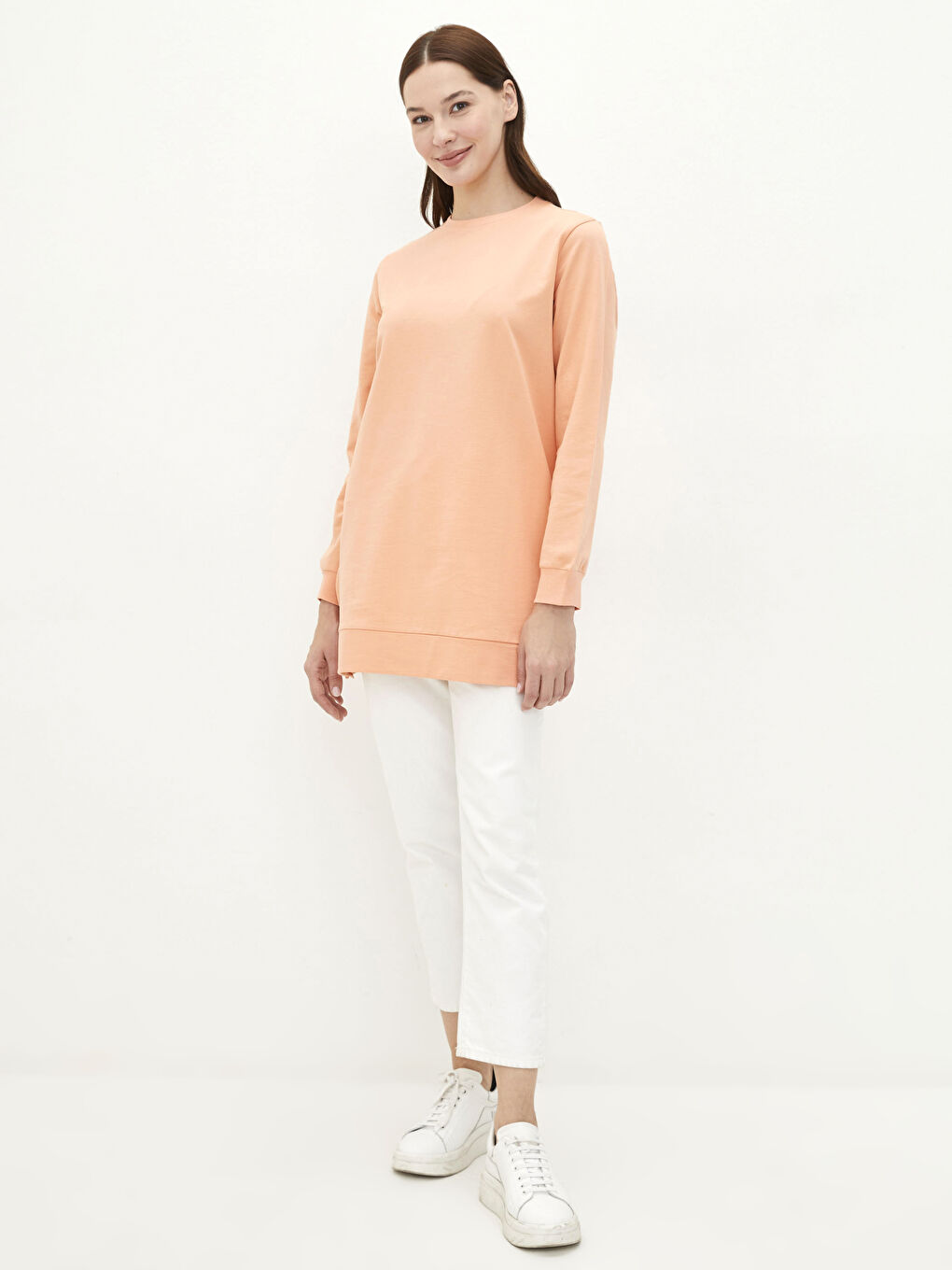 Turuncu Bisiklet Yaka Düz Oversize Kadın Sweatshirt Tunik-1