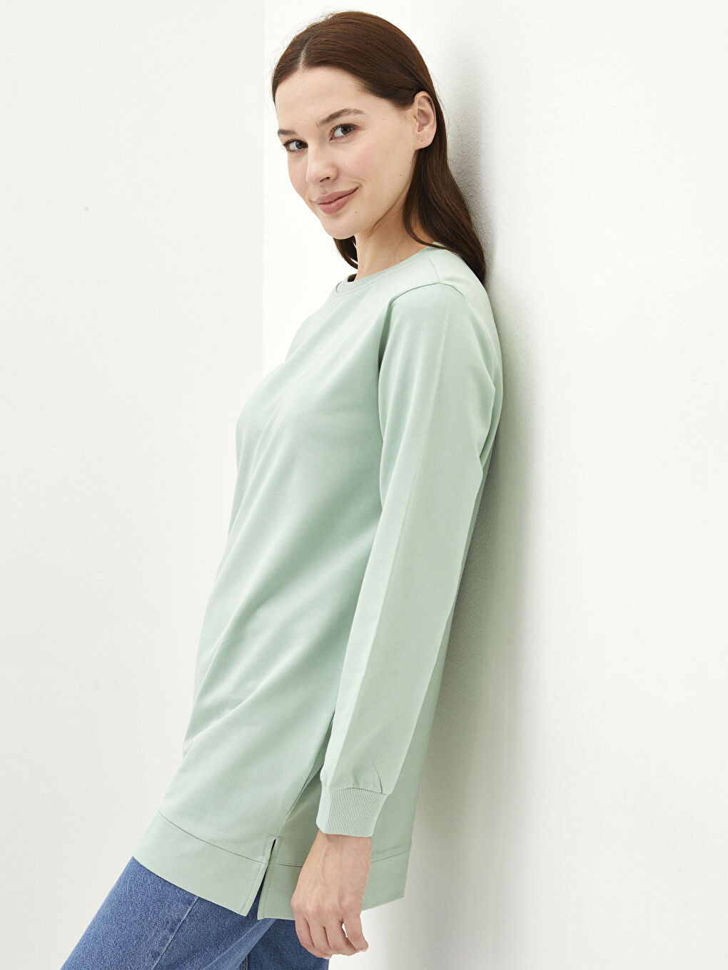 Yeşil Bisiklet Yaka Düz Oversize Kadın Sweatshirt Tunik