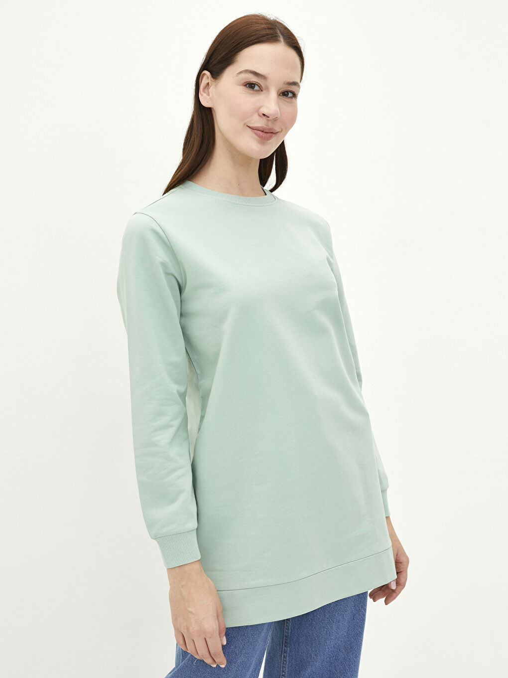 Yeşil Bisiklet Yaka Düz Oversize Kadın Sweatshirt Tunik-1