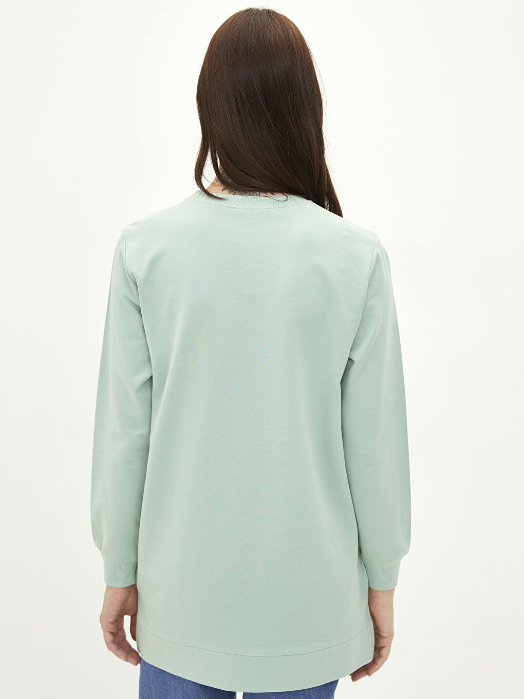 Yeşil Bisiklet Yaka Düz Oversize Kadın Sweatshirt Tunik-4