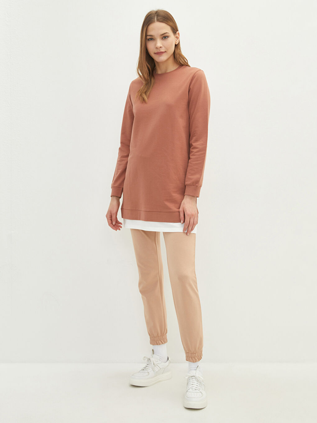 Kahverengi Bisiklet Yaka Düz Oversize Kadın Sweatshirt Tunik-3
