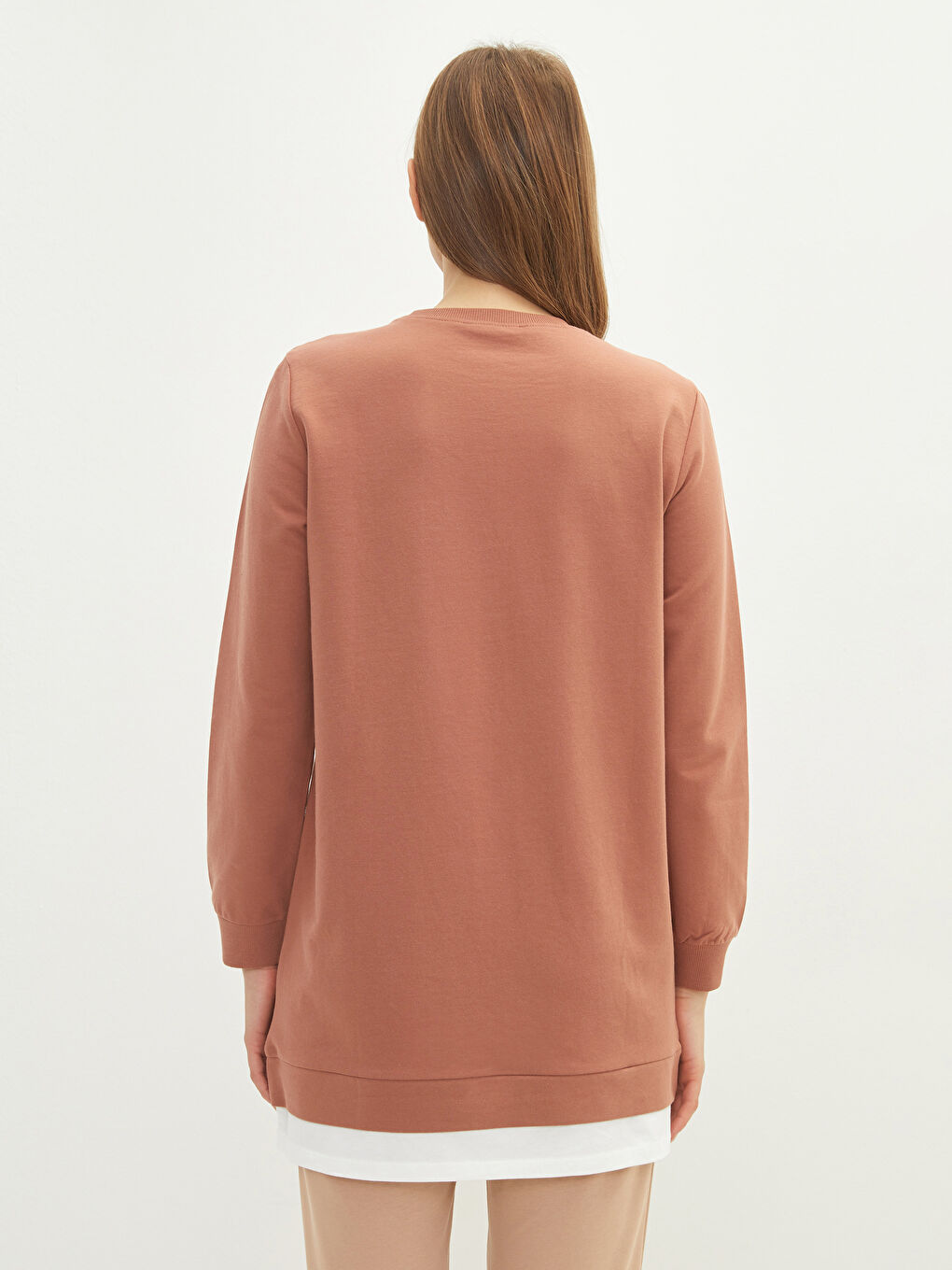 Kahverengi Bisiklet Yaka Düz Oversize Kadın Sweatshirt Tunik-4