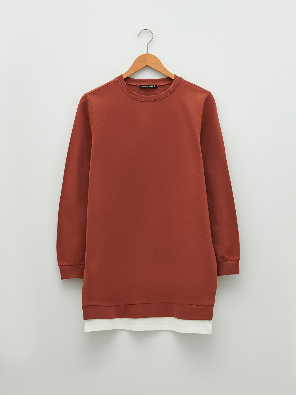 Kahverengi Bisiklet Yaka Düz Oversize Kadın Sweatshirt Tunik-5
