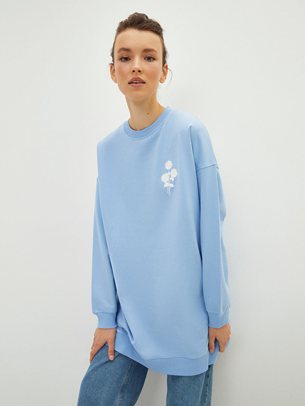 Mavi Bisiklet Yaka Baskılı Uzun Kollu Oversize Kadın Sweatshirt Tunik