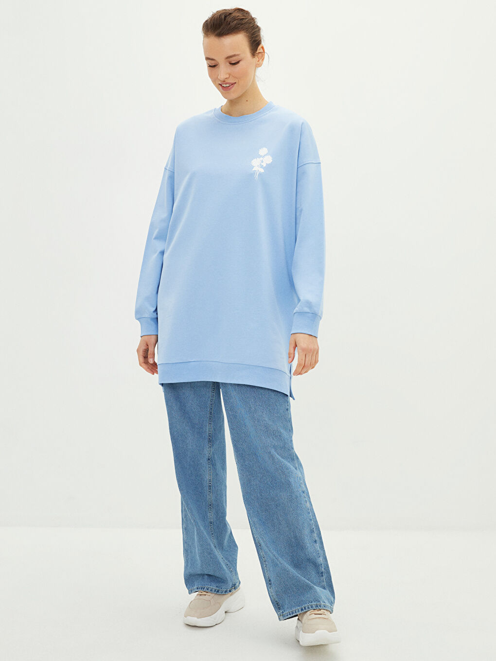 Mavi Bisiklet Yaka Baskılı Uzun Kollu Oversize Kadın Sweatshirt Tunik-1