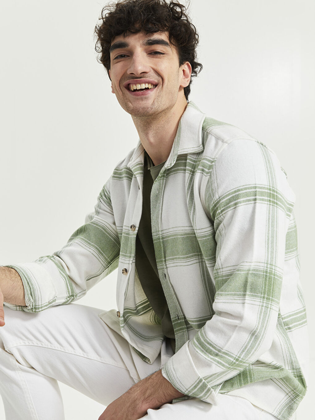 Yeşil Regular Fit Uzun Kollu Ekose Erkek Oduncu Gömlek Ceket