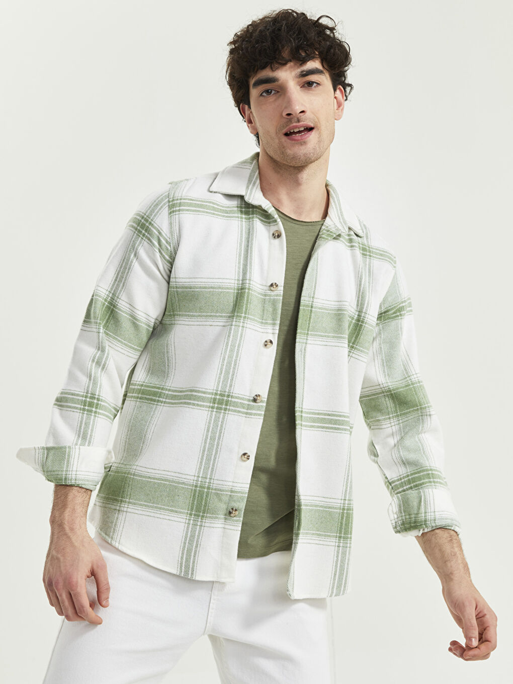 Yeşil Regular Fit Uzun Kollu Ekose Erkek Oduncu Gömlek Ceket-1