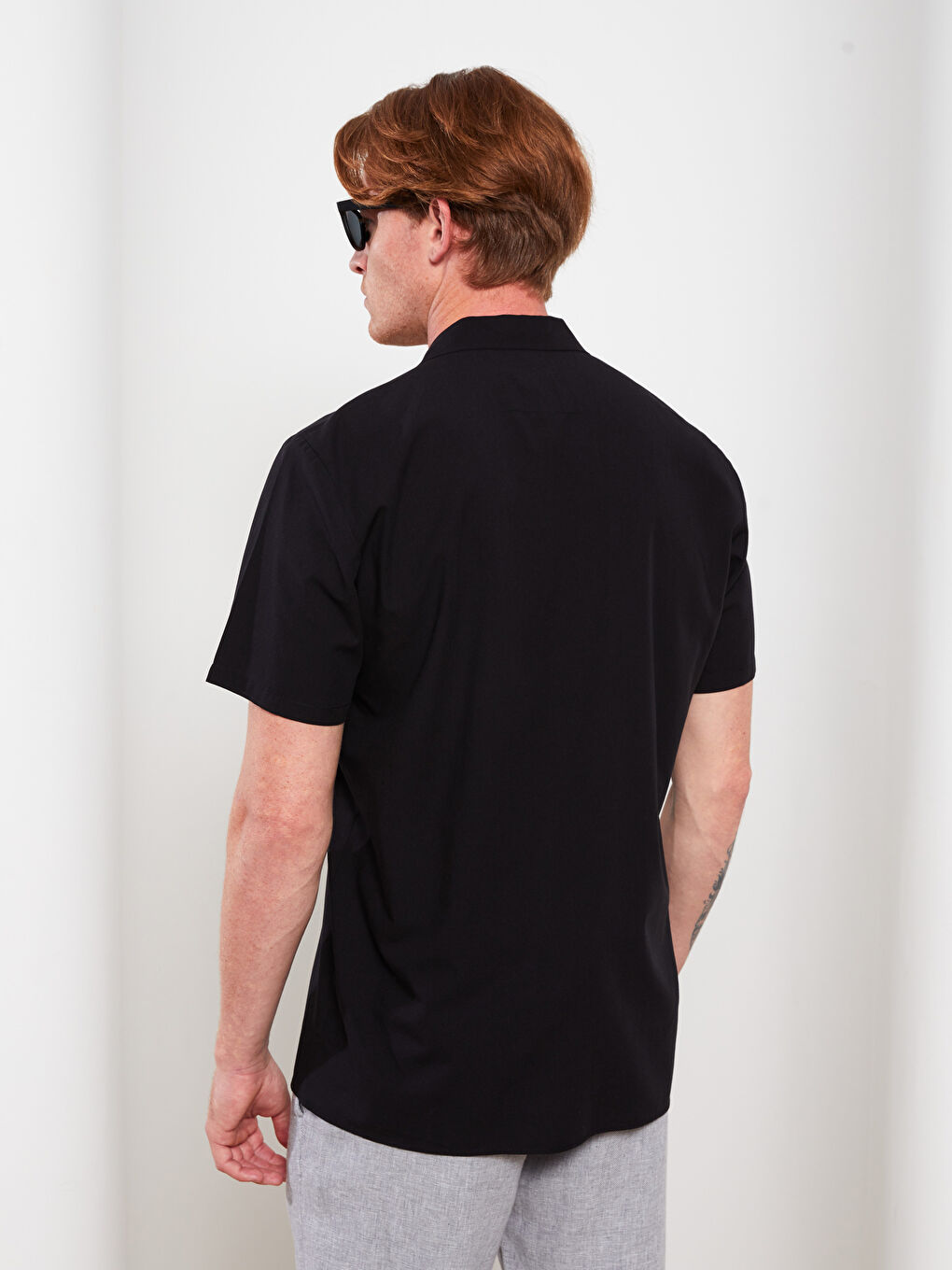 Siyah Regular Fit Kısa Kollu Poplin Erkek Gömlek-4