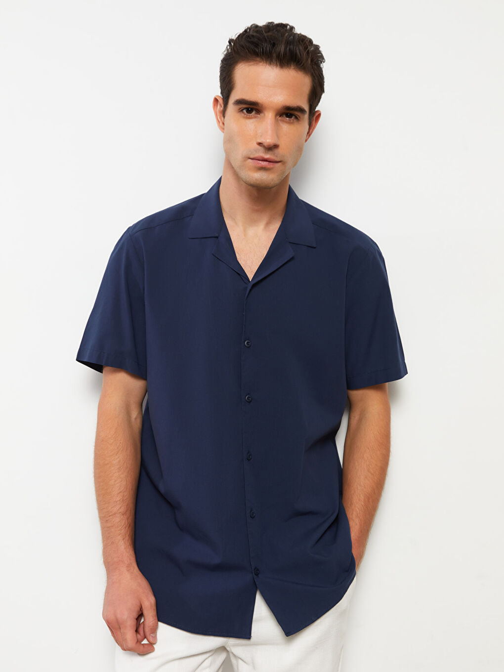 Lacivert Regular Fit Kısa Kollu Poplin Erkek Gömlek