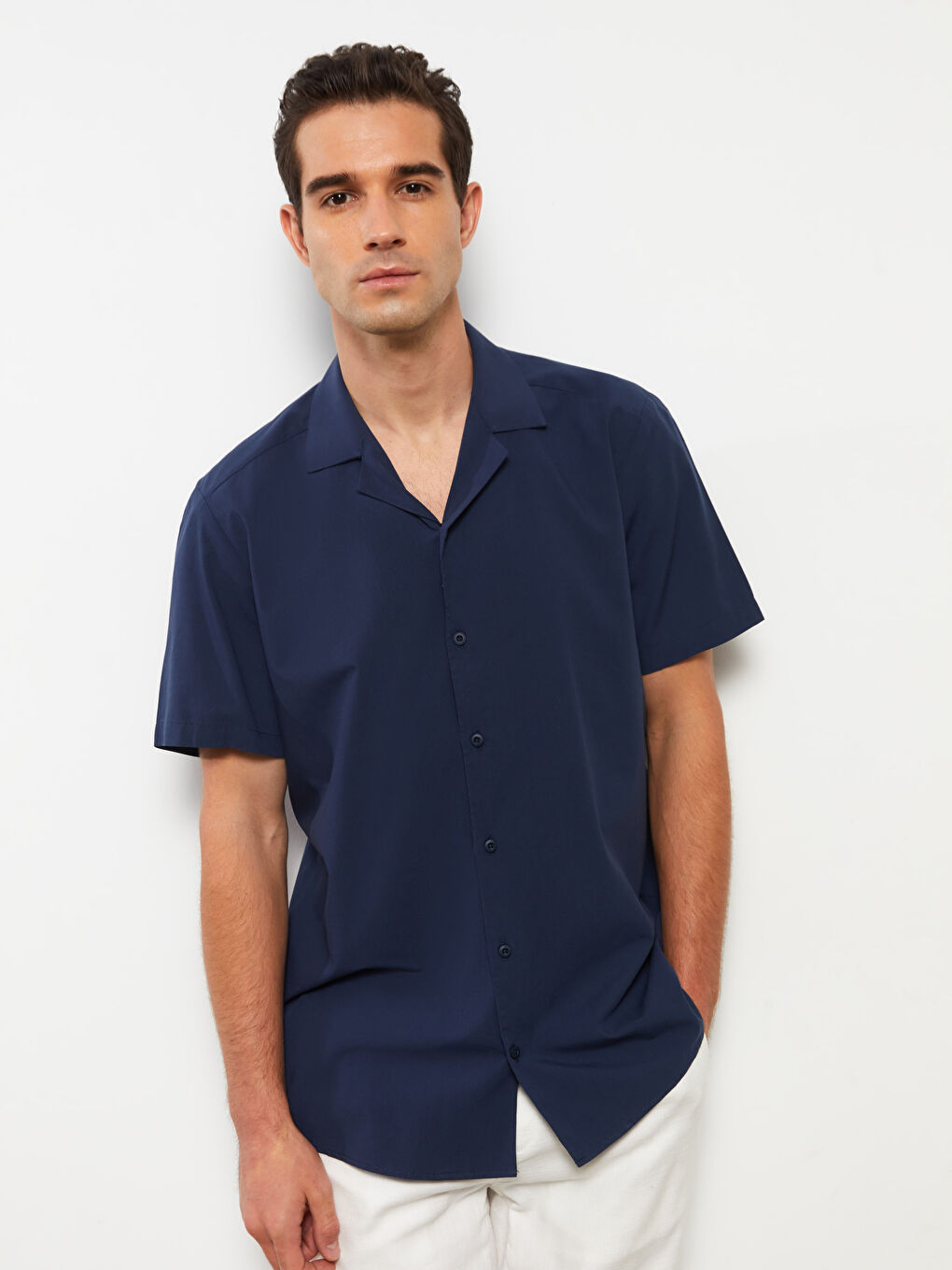 Lacivert Regular Fit Kısa Kollu Poplin Erkek Gömlek-1