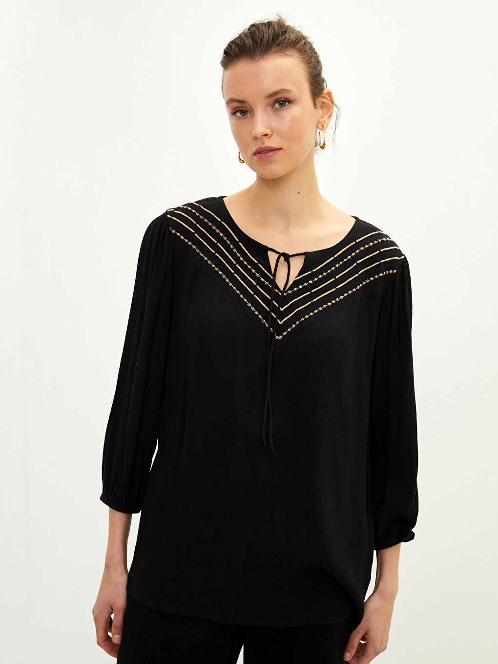 Tie Collar Embroidered Long Sleeve Viscose Women's Blouse