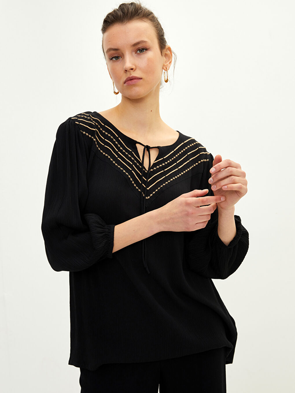 Tie Collar Embroidered Long Sleeve Viscose Women's Blouse-1