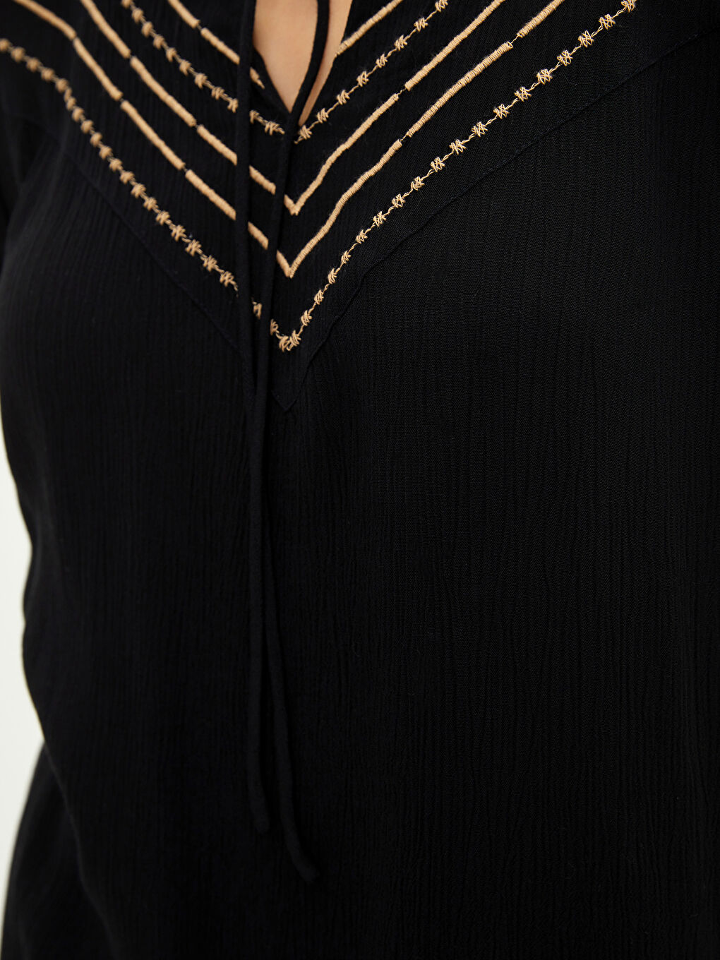 Tie Collar Embroidered Long Sleeve Viscose Women's Blouse-2