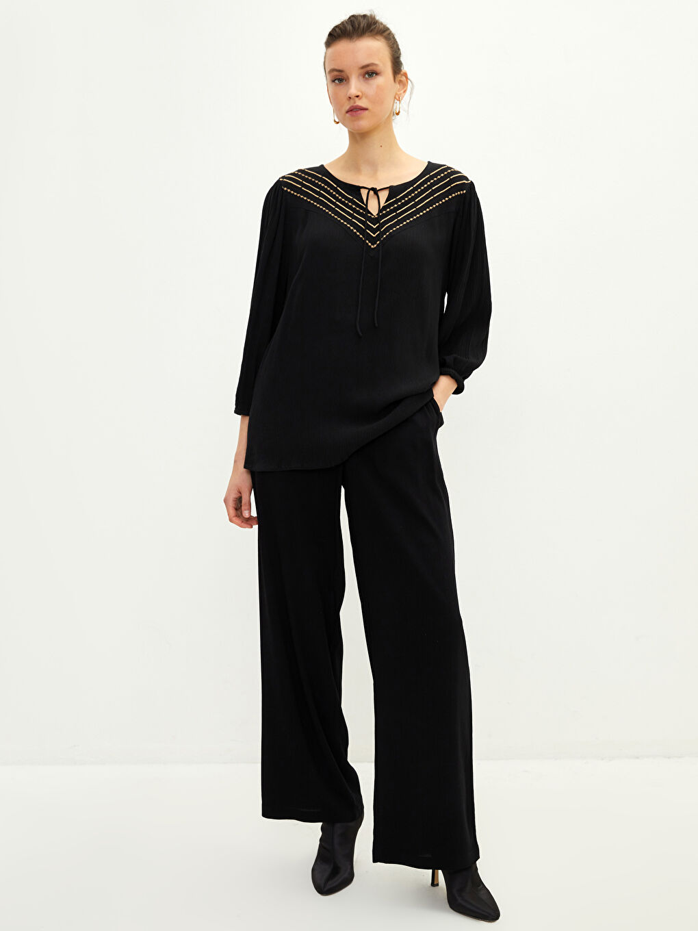 Tie Collar Embroidered Long Sleeve Viscose Women's Blouse-3