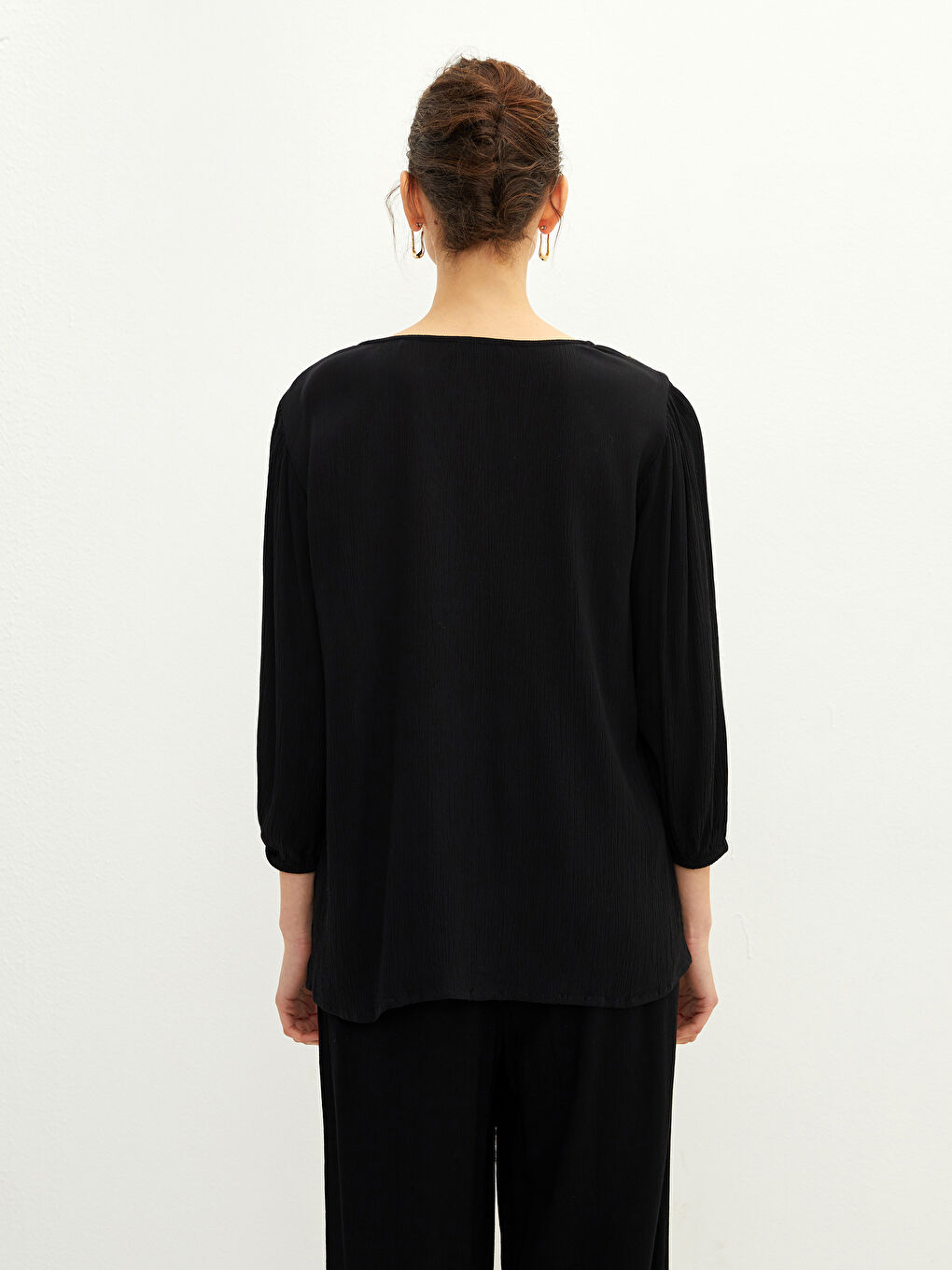 Tie Collar Embroidered Long Sleeve Viscose Women's Blouse-4