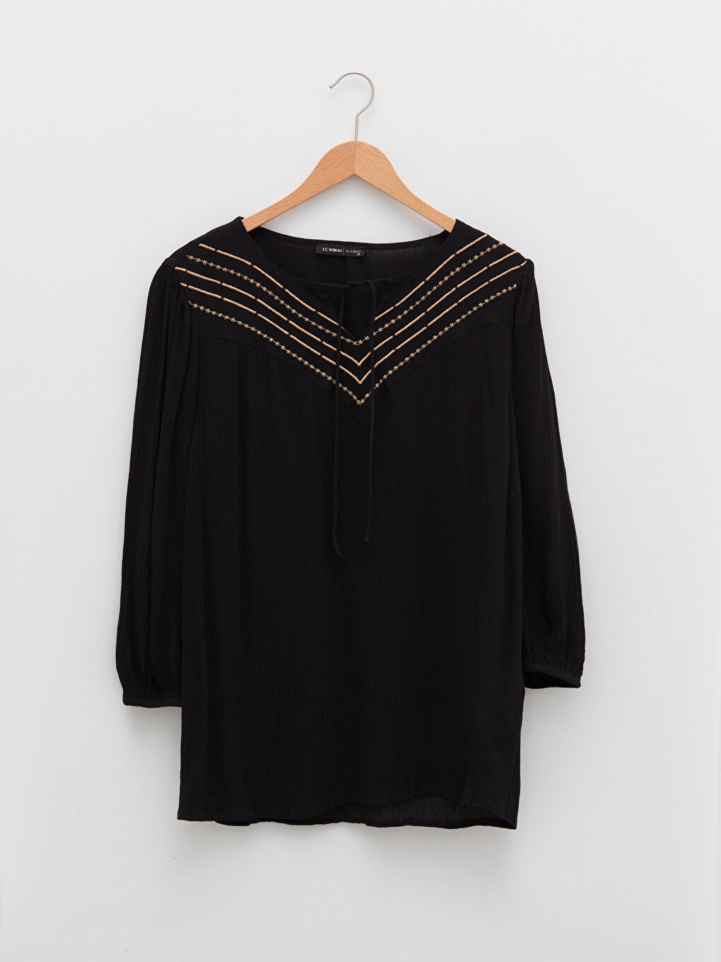 Tie Collar Embroidered Long Sleeve Viscose Women's Blouse-6