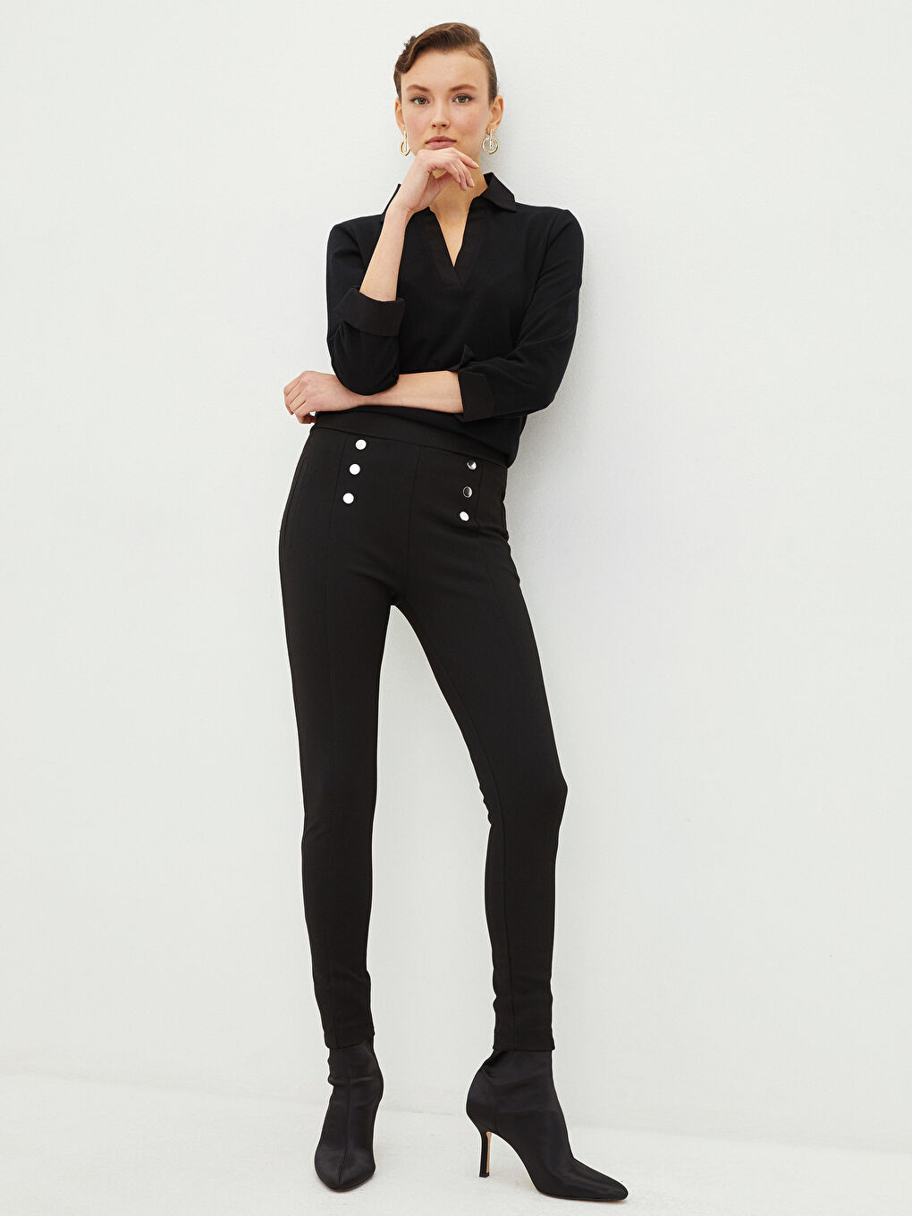 Siyah Kadın Beli Lastikli Düz Tayt