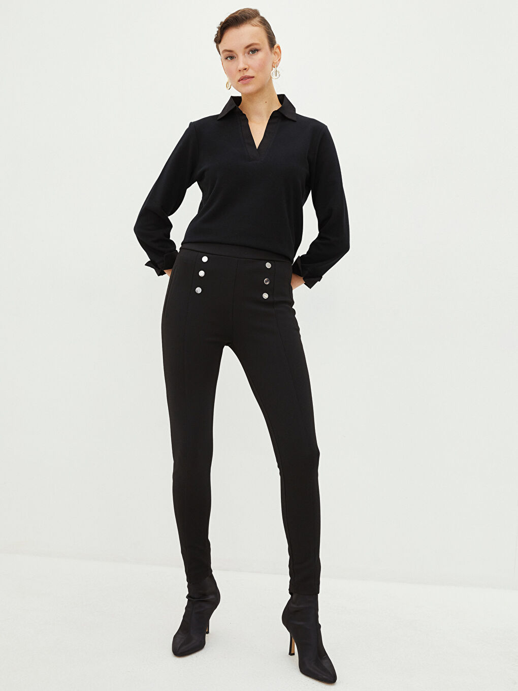 Siyah Kadın Beli Lastikli Düz Tayt-1