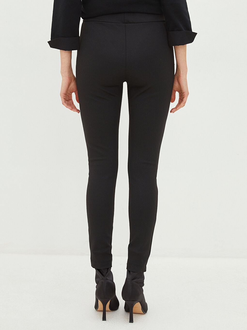 Siyah Kadın Beli Lastikli Düz Tayt-4