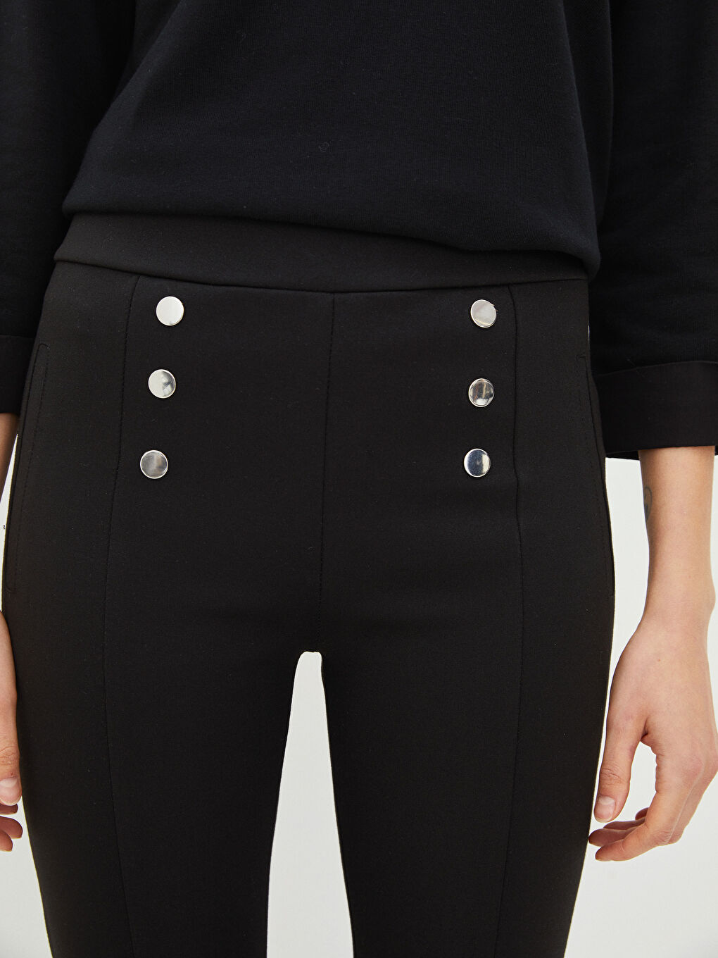 Siyah Kadın Beli Lastikli Düz Tayt-5