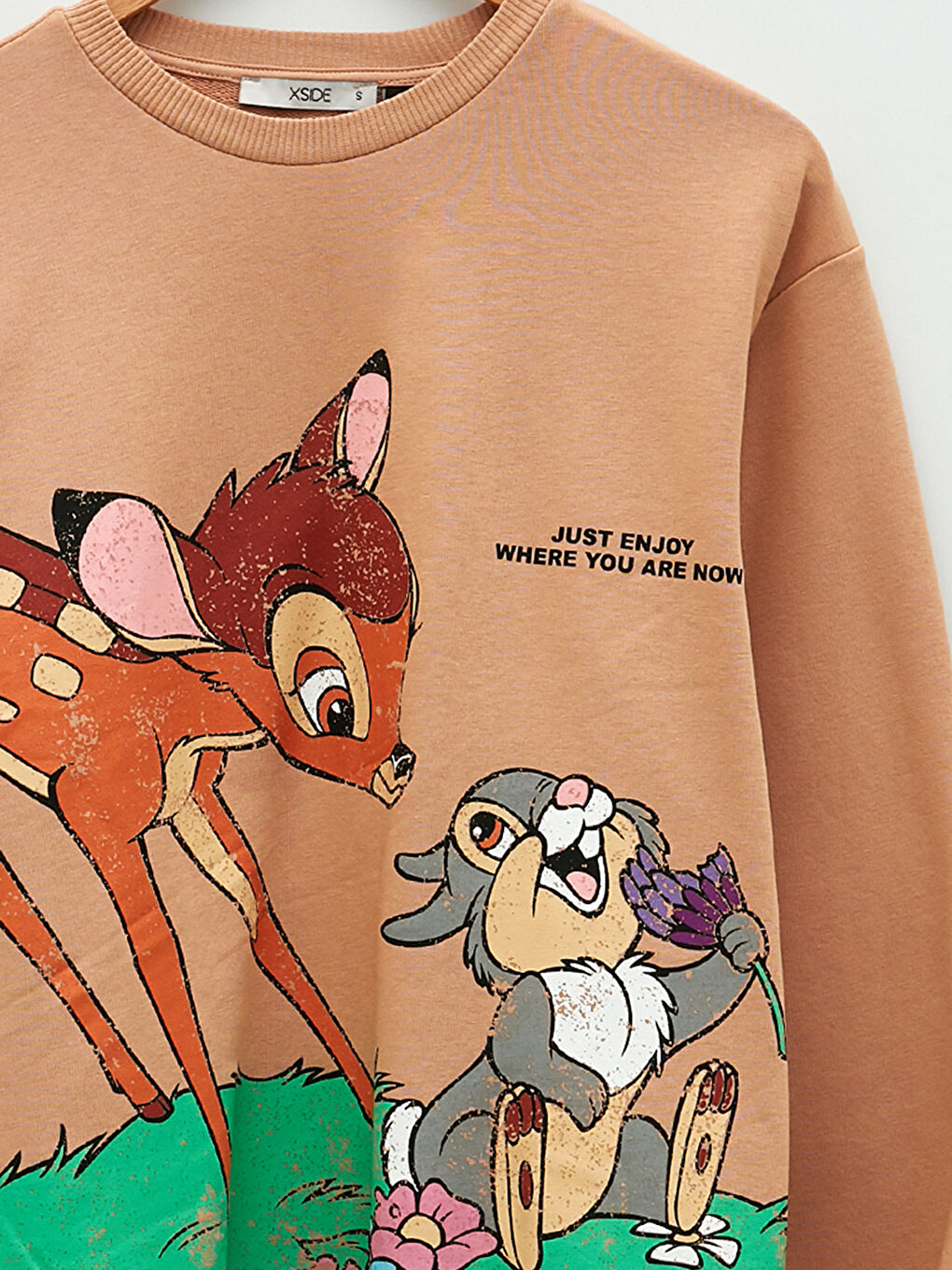 Bej Bisiklet Yaka Bambi Baskılı Uzun Kollu Kadın Sweatshirt-7