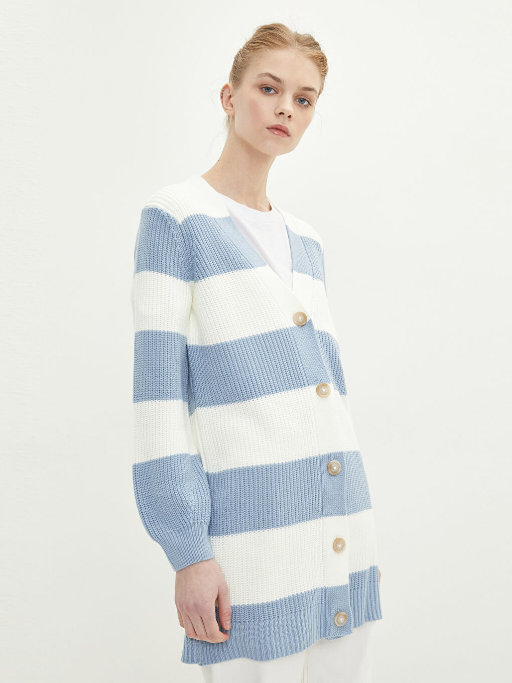 Cardigan en Tricot à Encolure en V et Bloc de Couleurs avec Manches Longues pour Femmes-1