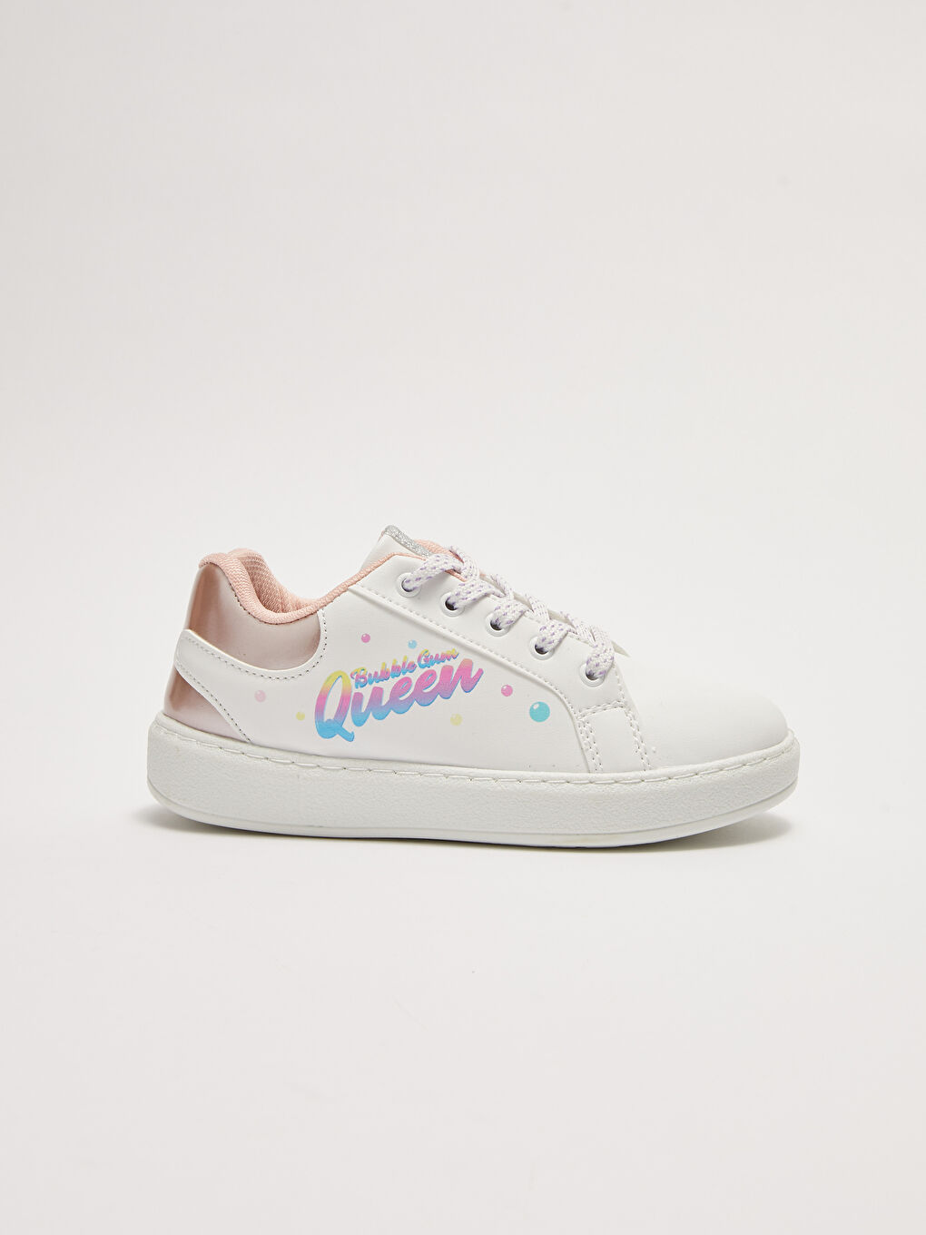 Beyaz Deri Görünümlü Baskılı Bağcıklı Kız Çocuk Spor Ayakkabı-1