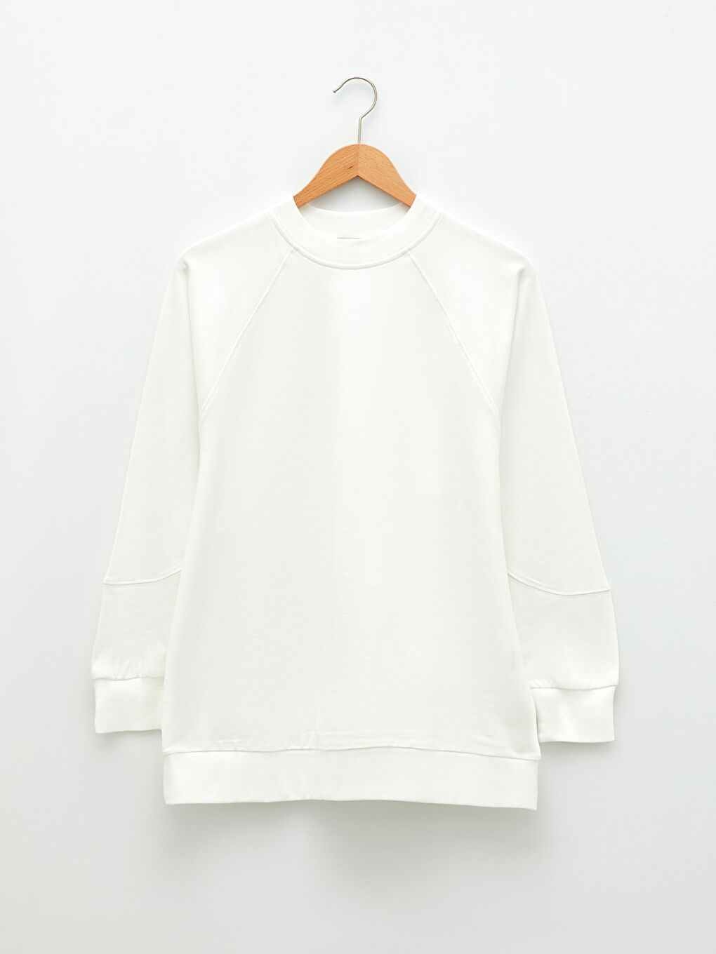 Ekru Bisiklet Yaka Düz Uzun Kollu Oversize Pamuklu Kadın Sweatshirt Tunik-5